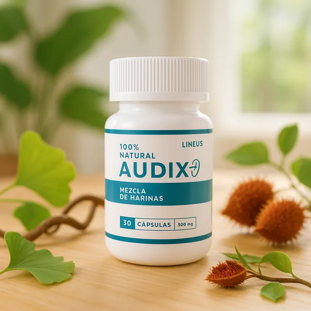 Frasco de Audix, pastillas para la salud auditiva